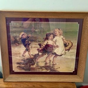 VTG Professionally Framed Fredrick Morgan “Sea Horses” Kids on Beach Print 24x28